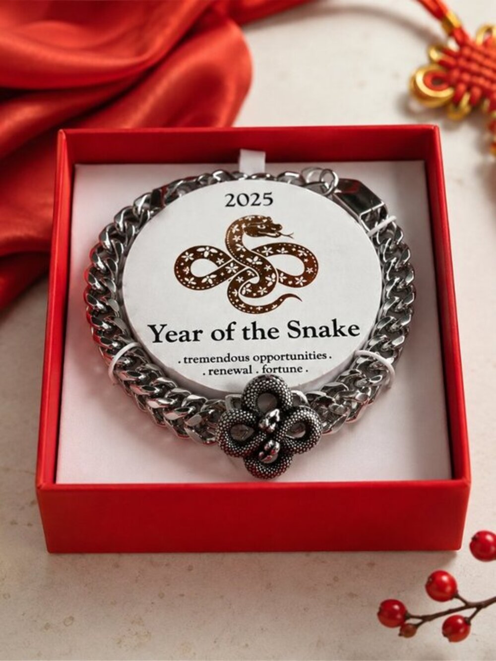 2025 Year of the Snake Men’s Silver Tone Brass Chain Bracelet NWT